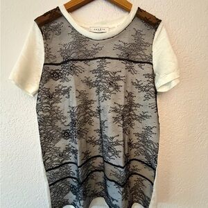 Sandro Short Sleeve Top with Black Lace Overlay